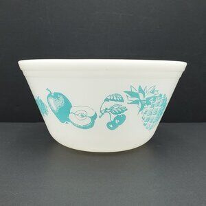 Federal Glass Fruit Fare Mixing Bowl Federal Turquoise on White Milk Glass Bowl